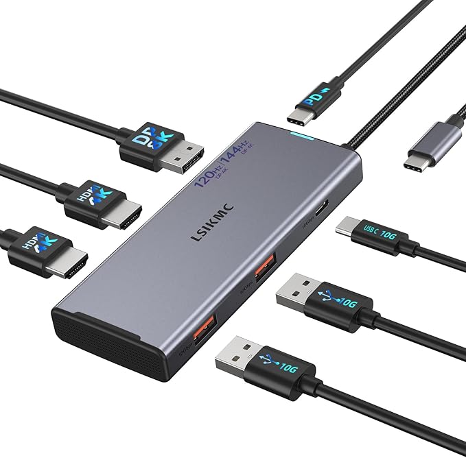 USB-C Laptop Docking Station for Triple Monitor | 7-in-1 Dock with DP 4K@160Hz/8K@30Hz + Dual HDMI 4K@60Hz 10Gbps USB A/C 100W PD | Laptop Dock for Windows/Mac