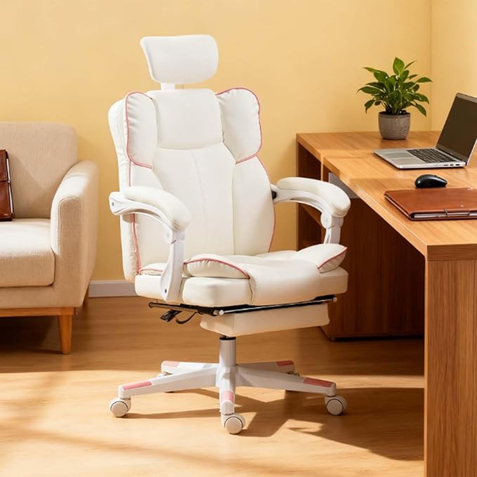 Ergonomic Office Desk Gaming Computer Chair Comfy High Back Executive Chairs with Armrests and Footrest Adjustable Height Swivel Rolling PU Leather Video Game Chairs for Home (White)