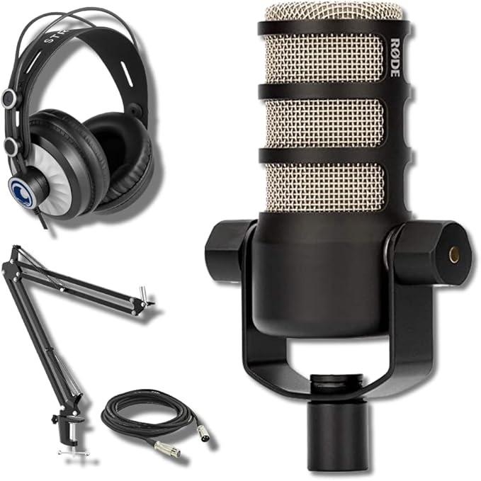 Rode PodMic Dynamic Podcast Microphone with StreamEye BOOMARM Mic Arm Cans50 Podcast Headphones XLR Cable and StreamEye Polishing Cloth