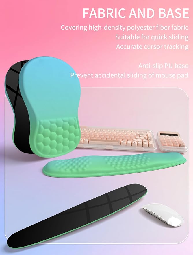 Hokafenle 2in1 Combination Wave Keyboard Wrist Rest and Ergonomic Curvature Mouse Pad Wrist Support for Relieve Wrist Pain Filled with Soft Cushion Memory Foam Gradient Green