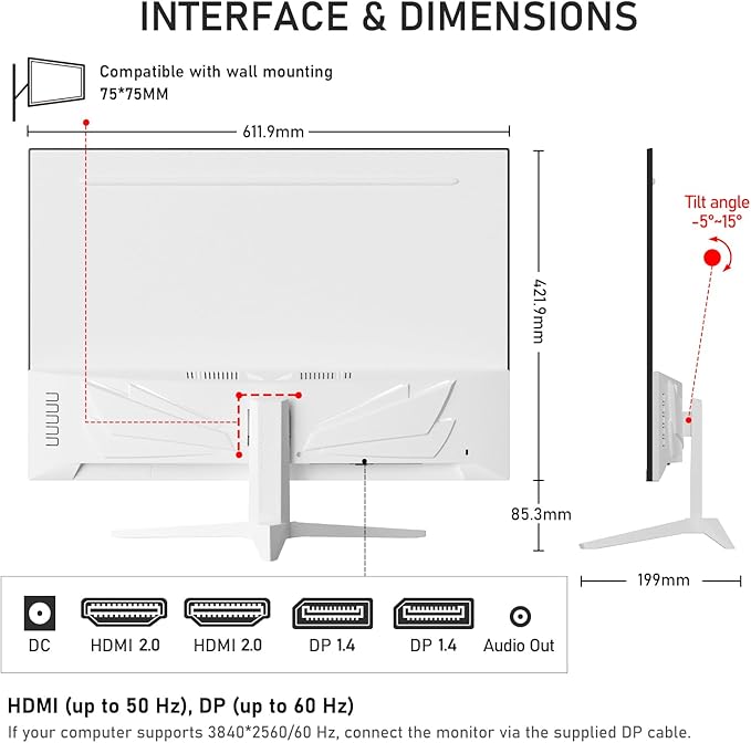Gawfolk 28 inch UHD 4K Computer Monitor IPS Ultra HD (3840×2560p) Screen 3:2 10Bit 1.07 Billion Colours 128% sRGB Built-in Speakers 178° Wide Viewing Angle DisplayPort HDMI White