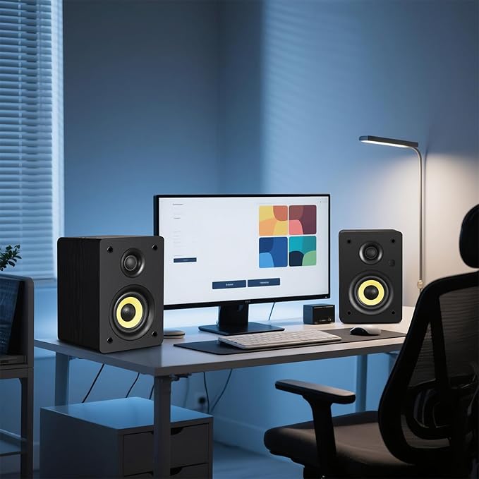 Sanyun SW206 4” HiFi Bookshelf Speakers with Studio Mode 80W Active Bluetooth 5.4/Optical/Coaxial/TRS/Aux/24bit DAC USB for Turntable TV PC Desktop MDF Cabinet Remote Control Black