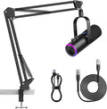 XLR/USB Podcast Microphone Gaming Mic with Mute Button Reverb Effects Noise Cancellation Boom Arm Stand Headphones Jack Dynamic Microphone for Streaming/Recording/Gaming/Vocal-Black
