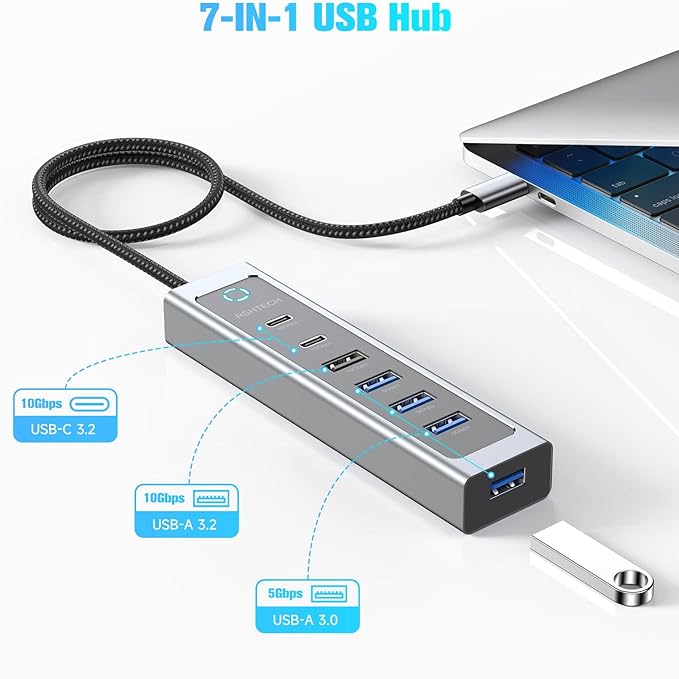 RSHTECH 7-Port USB C Hub Splitter 10Gbps with 3 USB-3.2 (2C + 1A) 4 USB-3.0 Ports and 2ft Long Cable Aluminum USB-C Hub Multiport Adapters for Laptop and More RSH-T17C
