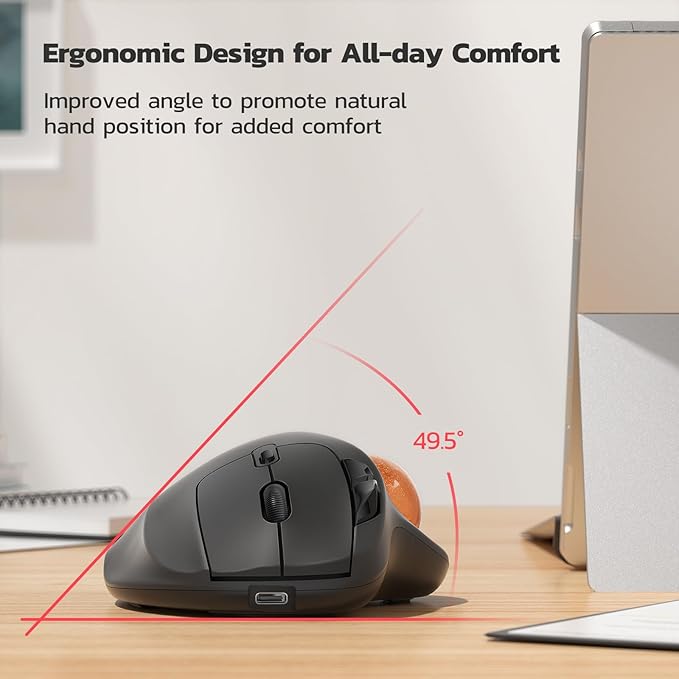 Nulea M501 Wireless Trackball Mouse Rechargeable Ergonomic Easy Thumb Control Precise &amp Smooth Tracking 3 Device Connection (Bluetooth or USB Receiver) Compatible for PC Laptop Mac (H-DOran