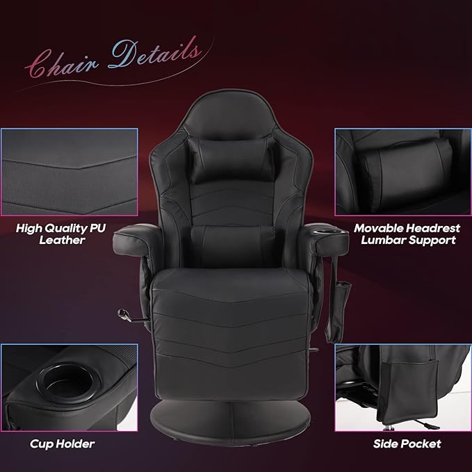 Gaming Chairs for Adults Reclining Gaming Chair with Footrest Massage Video Gaming Recliner Chair w/Adjustable Height Swivel Game Chair with Lumbar Support Side Pouch