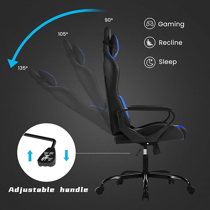 Blue Gaming Chair | Ergonomic High Back Desk Chair Racing Style with Lumbar Support Headrest &amp Arms - Heavy Duty Swivel Computer Chair for Office