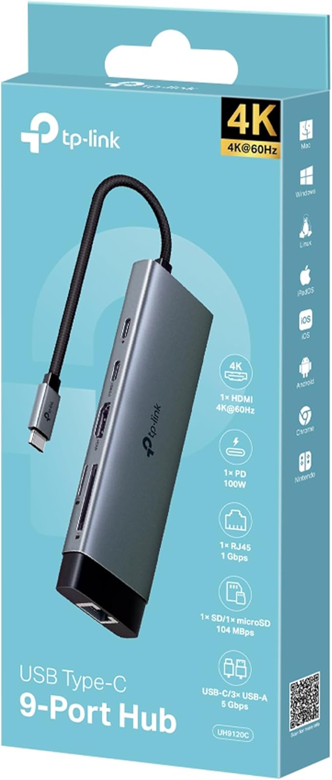 UH9120C 9-in-1 USB Type-C Hub 4K to 60Hz HDMI Ethernet 1Gbps SD and microSD UHS-I 100W AC Adapter 1 USB-C Data Port 3 USB-A Data Ports