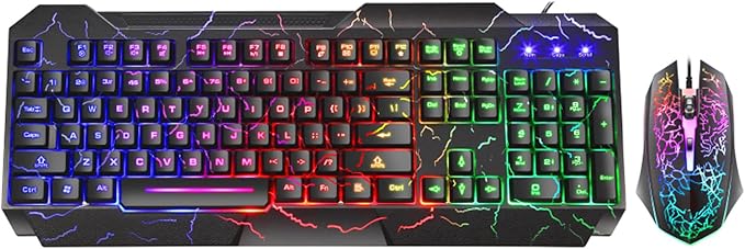 Wired Crack Rainbow Gaming Keyboard and Mouse Combo 104 Keys Light Up Mechanical Feeling Computer Keyboard Wired Gaming Keyboard and Mouse for PC MAC Xbox Gamer(Black)