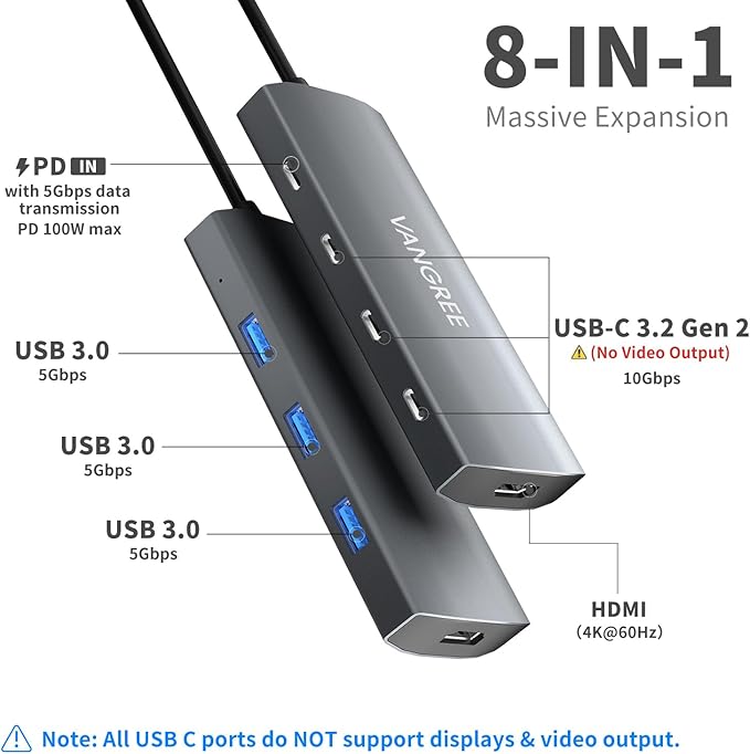 VANGREE USB C Hub 3 USB 3.2 Gen 2 Ports with 10Gbps 4K@60Hz HDMI 100W Power Delivery 3 USB-A 3.0 Ports USB C Splitter Multiport Adapter Extender for MacBook Pro/Air iPad Pro Mac mini and More