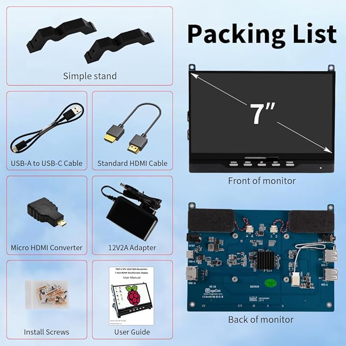 7 Inch HDMI Touchscreen Display Compatible with Raspberry Pi 51024x600 Pixel IPSSunlight ReadableBuilt-in SpeakersDriver-Free