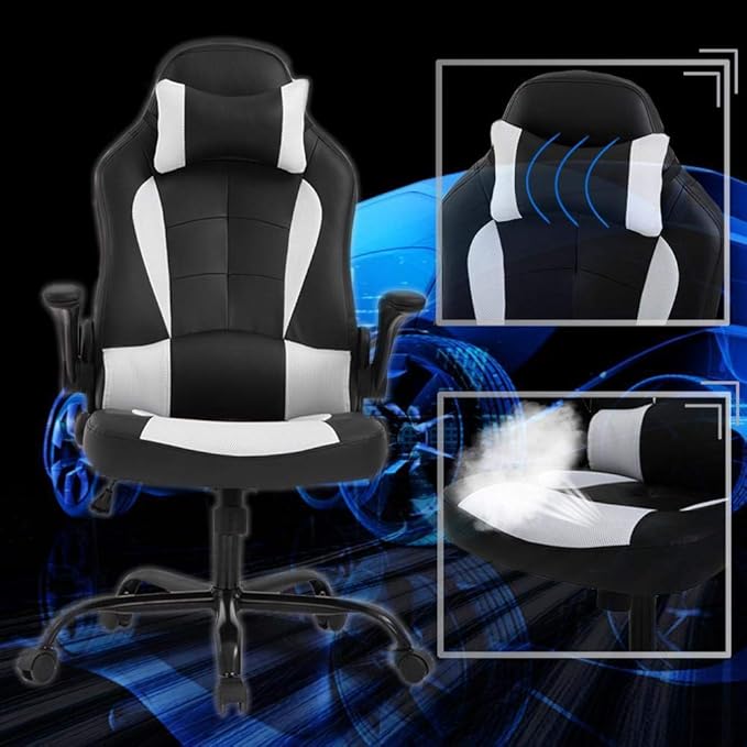 PC Gaming Chair - Ergonomic Height Adjustable Massage Office Chair with 360 Swivel Wide Seat and Headrest - White