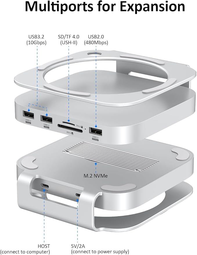 Akyyajaure Mac mini Hub: 9 in 1 Aluminum Stand &amp Dock for Mac mini M4 Pro with M.2 NVMe SSD Enclosure 10Gbps USB-A*2 SD/TF Card Readers USB 2.0