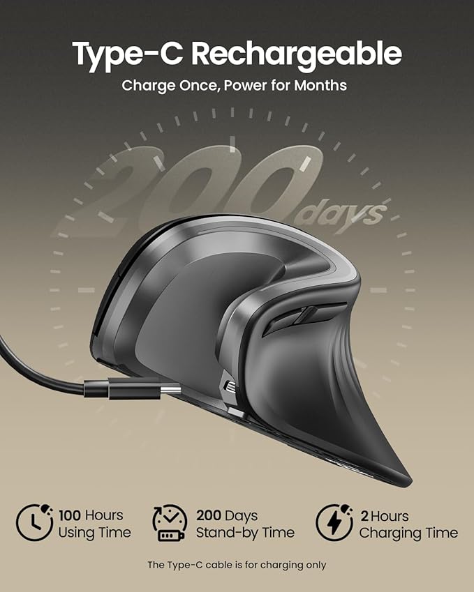 ProtoArc Ergonomic Mouse EM11 NL Bluetooth Rechargeable Wireless Vertical Mouse 3 Multi-Device Connectivity for Computer/PC/Laptop 2.4GHz USB-A Optical Mice for Windows Mac OS Gray