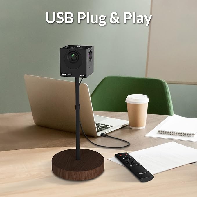Innex Cube 4K 360 Degree Video Conference Camera with Multiple AI Modes Dual Omnidirectional Mics Remote Plug and Play Conference Room Webcam for Zoom Microsoft Teams Open Space Meeting Room