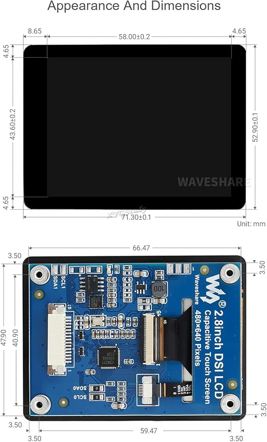 2.8inch DSI Capacitive 480×640 IPS Display Panel Touch Display LCD for Raspberry Pi 5/4B/3B+/3A+ with I2C Touch Port and Fully Laminated Screen