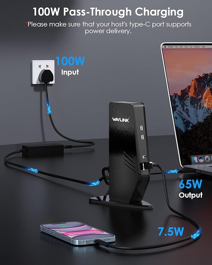 WAVLINK USB 3.0 and USB-C Universal Laptop Docking Station with 65W Dual Monitor Docking Station for Windows or Mac 4K HDMI (2 HDMI2 Display Ports3 USB-A 2 USB-C Ethernet Audio&ampMic)