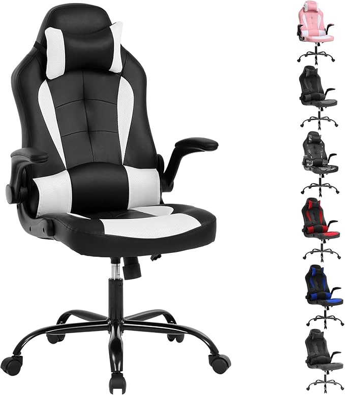 Gaming Chair Racing Chair with Lumbar Support - High Comfort PU Leather Ergonomic Office Desk &amp PC Gaming Chair for Adults Men Women - Flip-Up Arms &amp Headrest White