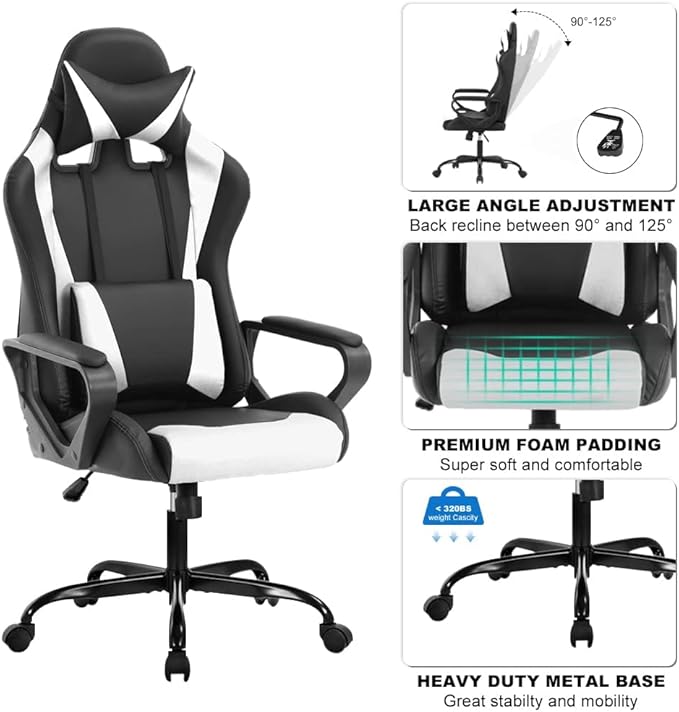 Ergonomic High Back Gaming Chair &amp Office Chair PU Leather &amp Adjustable &amp Easy Assembly &amp BIFMA Certified for Home/Office (Gray) (White)
