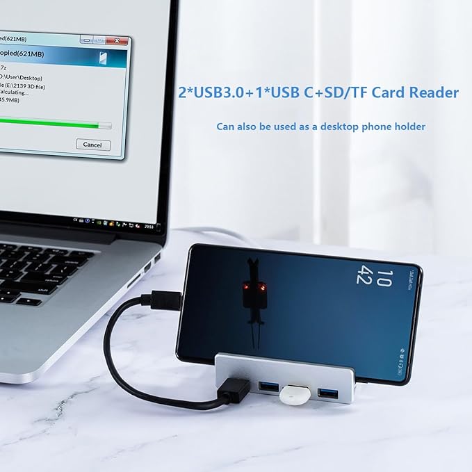 USB C Hub Clamp Aluminum 2-Port USB 3.0 USB C Data Port SD/TF Card Reader for 0.39''-1.18'' Thickness Desktop PC DesksMonitor Stand Desktop Powered USB Hub and Cell Phone Holder (Black)