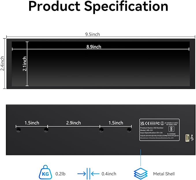 9.16 Computer Temp Monitor FHD 1920x462 PC Sensor Panel One-Cable Connection(No HDMI Needed) Stretched Bar LCD Dynamic Theme Supported IPS Mini Secondary Screen for CPU RAM HDD Data Aida64 (Black)