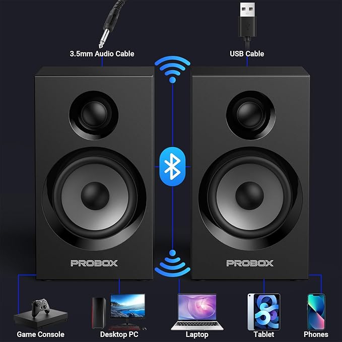Powered Bookshelf Speakers HiFi Computer Gaming Monitors with Bluetooth 5.3 &amp 24-Bit USB DAC Stereo Speaker PC Speakers 3.5 Woofer1 Silk Dome Tweeter Adjustable Bass/Treble BT16-Black
