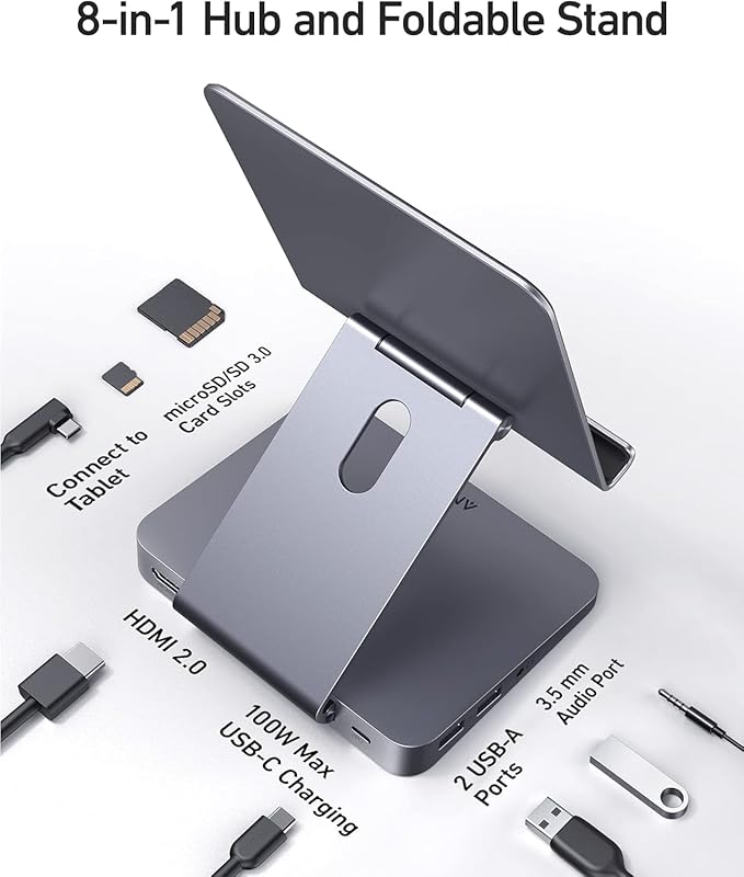 Anker USB C Hub for iPad 551 USBC Hub (8-in-1) with Foldable Tablet Stand 4K HDMI 2 USB-A Data Ports for iPad Pro 5th Gen/Air 5th Gen/Mini 6th and Later (Silver)
