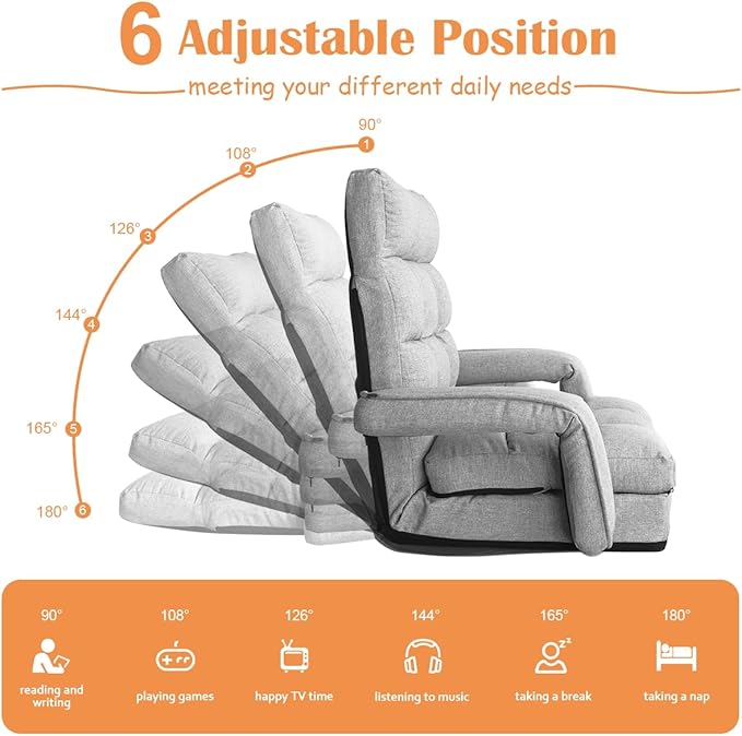 WAYTRIM 6 Position Indoor Chaise Lounge Chair Gaming Floor Chair for Teens Adults Indoor Lounge Chair Lazy Sofa for Pets with Armrests &amp Pillow Comfy Chair for Bedroom Dorm Living Room - Grey
