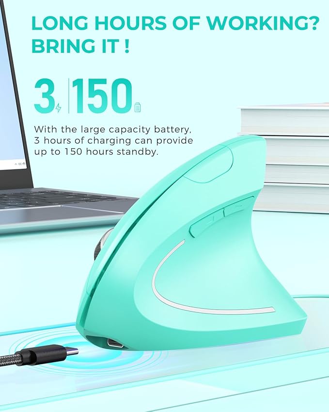 Lekvey Ergonomic Mouse Vertical Wireless Mouse Rechargeable 2.4 GHz Optical Carpal Tunnel Mouse : 800/1200 / 1600 DPI 6 Buttons for Laptop PC Mac Computer Desktop Notebook etc Green