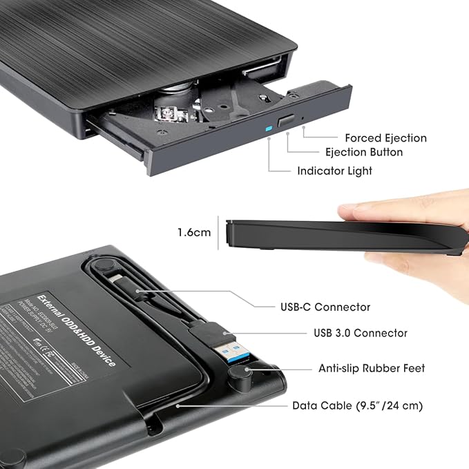 ROOFULL External CD DVD +/-RW Drive for Laptop Mac USB 3.0 &amp USB-C CD DVD Disc Reader Writer Burner CD-ROM Portable DVD Player with Carrying Case for Windows 11/10 PC MacBook Pro Linux Computer