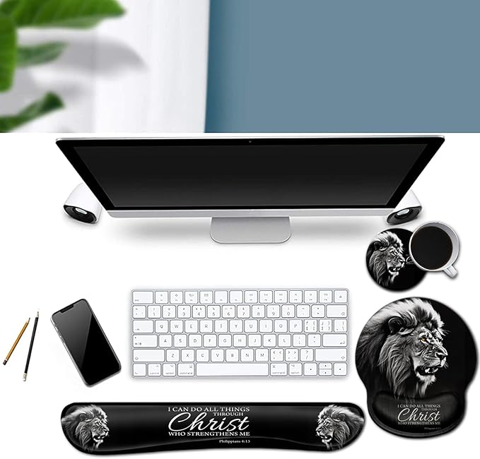 Ergonomic Mouse Pad Gel Wrist Support and Memory Foam Keyboard Wrist Rest Set for Gaming Computer Office Laptop Easy Typing Wireless Mouse Mat Fierce Lions Philippians 4:13 Verse Black Desk Pad