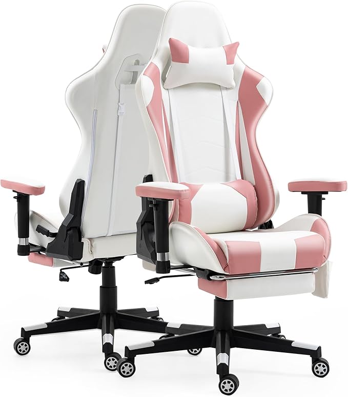 Massage Gaming Chair w/Footrest Video Racing Chair PC High Back Desk Computer Chair PU Leather Recliner w/Headrest and Lumbar Pillow Pink-White