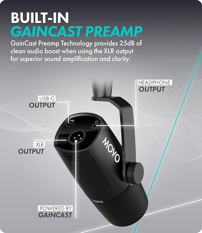 Movo UM6 Dynamic Podcast Microphone with Built-in GainCast Preamp - XLR and USB C Outputs - Studio Mic for Gaming Podcasting Streaming Vocals Computers and Content Creation