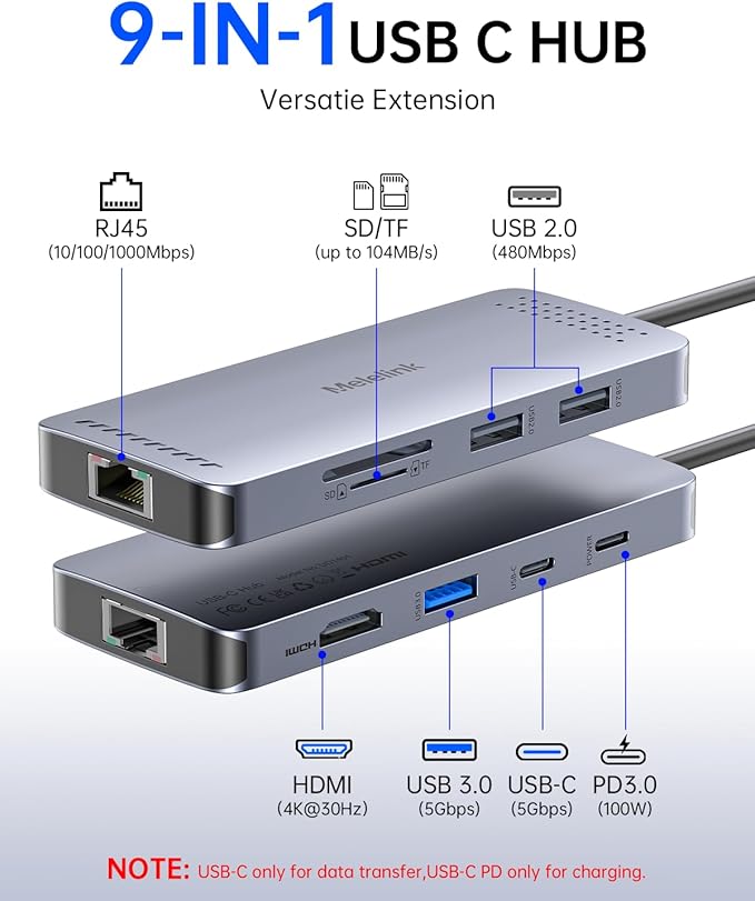 USB C Hub Ethernet 9 in 1 USB-C to Ethernet Multiport Adapter Dongle with HDMI 4K@60Hz 100W PD Charging Gigabit RJ45 SD/TF Card Reader USB A&ampC 3.0 USBC Dock for MacBook Dell Lenovo HP