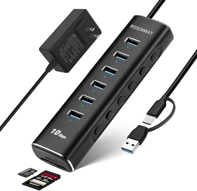 Rosonway 8 Ports Powered USB 3.2/USB C Hub with 6 USB-A 3.2 Ports 10Gbps SD/TF Card Readers 3.3ft USB Cable and 12V/2A Power Adapter USB Expander Splitter for Laptop and PC