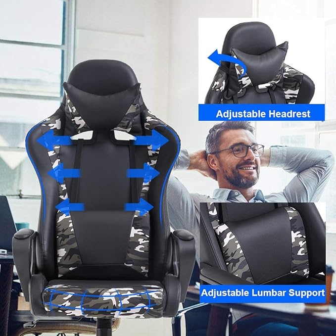 Gaming Chair Computer Gamer Racing Chair High Back Video Game Chair Leather Gaming Chair Ergonomic Adjustable Swivel Racing Chair with Headrest and Lumbar Supportfor Back Pain WomenMen (Camo)