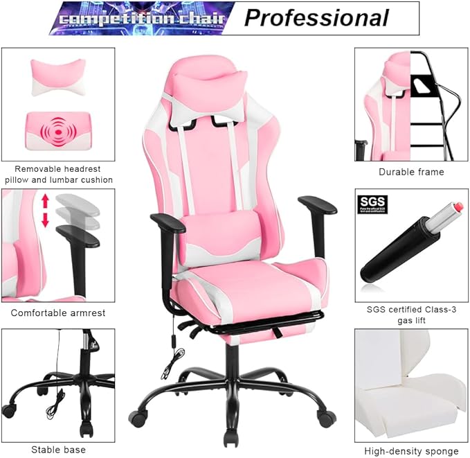 Gaming Chair with Massage &amp Footrest - Ergonomic Racing Office Chair for Adults Women Gamers - Adjustable Reclining PC Gaming and Home Office Desk Chair with Lumbar Support Pink