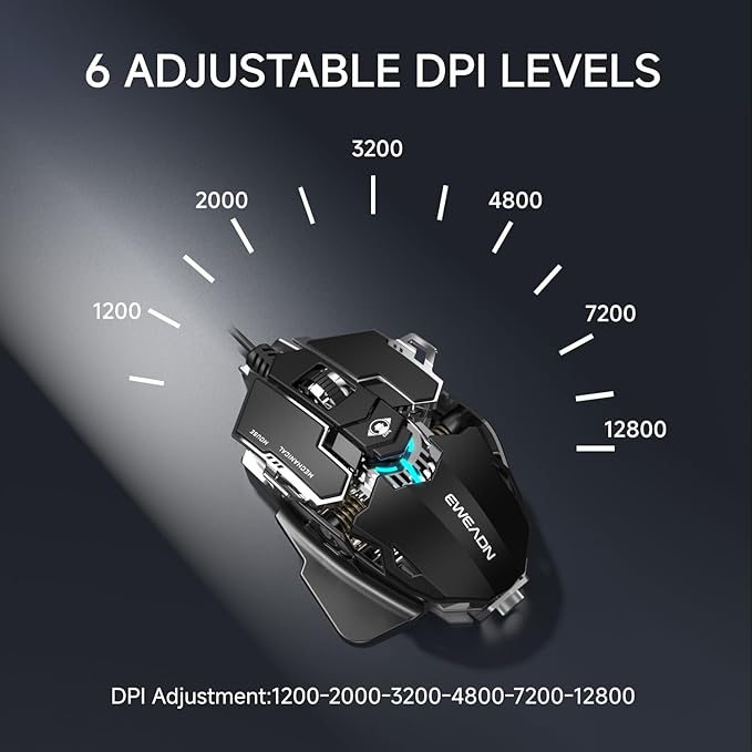 EWEADN G5 Wired Gaming Mouse Ergonomic RGB Computer Mouse 12800 Adjustable DPI 9 Programmable Macro Buttons with Rapid Fire Key Compatible for PC/Laptop/Windows-Black&ampWhite