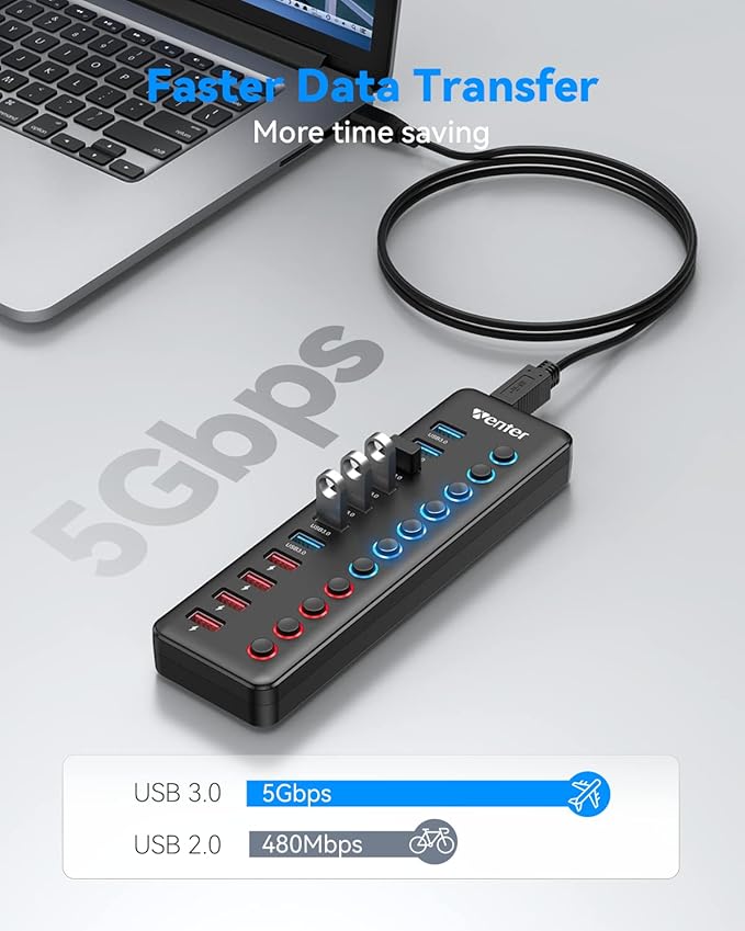 Powered USB 3.0 Hub Wenter 11-Port Hub Splitter (7 Faster Data Transfer Ports+ 4 Smart Charging Ports) with Individual LED On/Off Switches Power Adapter for Mac PC