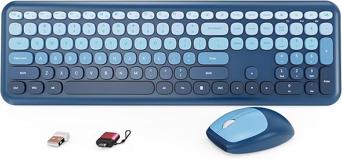 HotFox Wireless Keyboard and Mouse Combo Full-Size Retro Typewriter Keyboard with Round Keycaps Ergonomic Design for Windows PC Home and Office Use -Blue