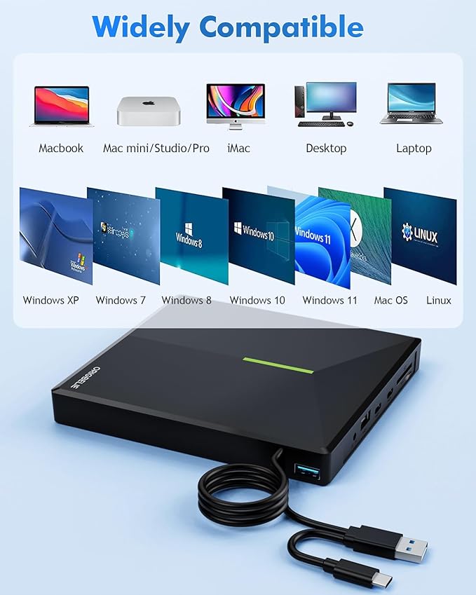External CD DVD Drive with 4 USB Ports and 2 TF/SD Card Slots USB 3.0 Portable CD/DVD Disk Drive Player Burner Reader Writer for Laptop Mac PC Windows 11/10/8/7 Linux OS with Carrying Case
