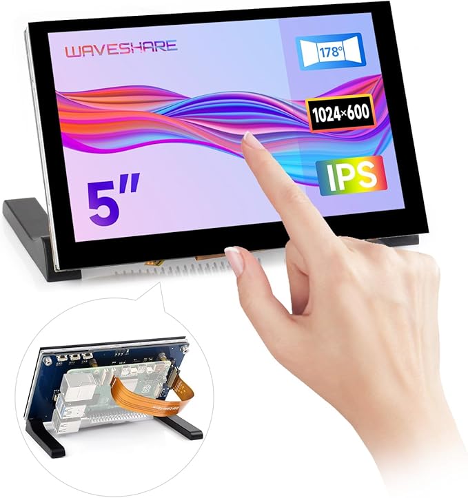 waveshare 5inch Capacitive Touch Display compatilbe with Raspberry Pi 5/4B/3B/CM4/3 DSI Interface IPS Panel 1024x600 Pixels Toughened Glass Panel No Driver Required