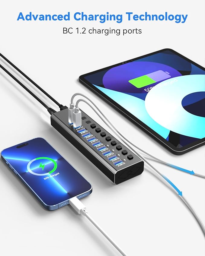 Powered USB Hub 3.210-Port USB 3.2/USB C Hub (10Gbps USB-A 3.2 +2 USB-C 3.2 +7 USB 3.0 Ports) with Individual On/Off Switches and 12V Power Adapter Aluminum USB Hub Powered for Laptop PC