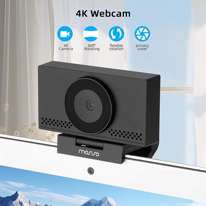 MOSISO 4K Webcam for PC &amp Laptop with Microphone and Webcam Cover Auto Light Correction USB Plug and Play for Live Streaming Video Call Conference Online Lessons Game Black