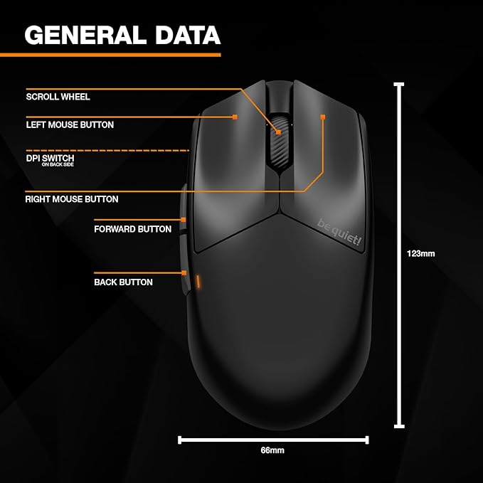 be quiet! Dark Perk Sym PC Gaming Mouse 55g Lightweight Ultra-Long Wireless Battery Life 8000Hz Polling Rate PixArt PAW3950 Sensor 32000 DPI Optical 70m switches 100% PTFE Glide Skates