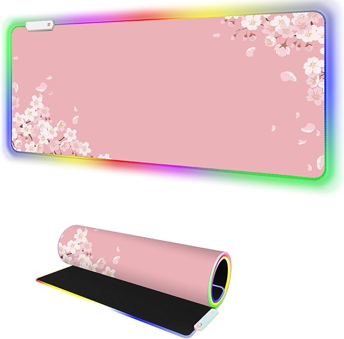 Japanese Sakura RGB Mouse Pad for Gaming I Large Mousepad with 14 Led Modes I Keyboard Pad Gaming Desk Mat I Non-Slip Rubber Base Mouse Mat I 900x400x4mm Waterproof Mousepad I Pink Cherry Blossom