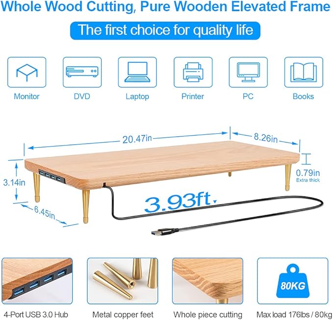 Wood Riser Monitor Stand with USB Ports Computer Stand w/Slot for Tablet &amp Cellphone Computer Riser w/Big Storage Dual Monitor Riser for PC Computer Laptop Printer