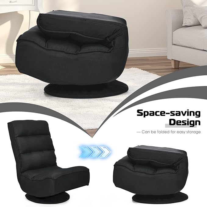 COSTWAY Folding Floor Chair Adjustable 5-Position Video Gaming Chair with 360 Degree Swivel Detachable Cover Padded Backrest Multipurpose Living Room Floor Lounger for TV Reading Playing (Black)