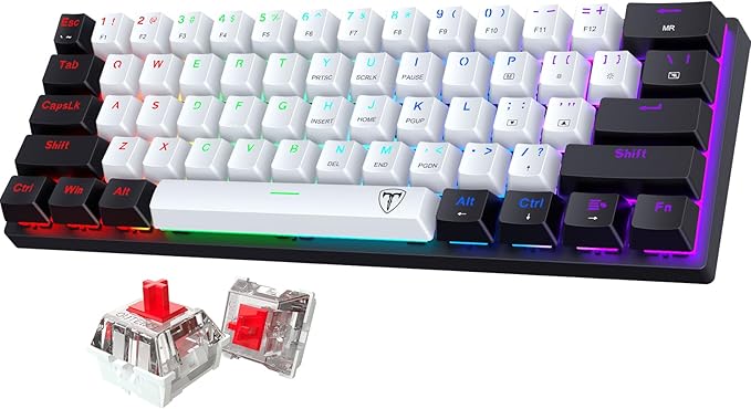 Portable 60% Mechanical Gaming KeyboardWired ErgonomicKeyboard with Red Switches18 LED Backlit Keyboard61 Keys Ultra-Compact Mini OfficeKeyboard for PC/Mac/XboxEasy to Carry On Trip-Black/White