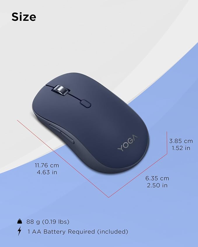 Lenovo Yoga Bluetooth Silent Mouse 3 Level DPI Adjustment 36 Month Battery Life Bluetooth 5.3 3 Device Paring Whisper Quiet Programmable Buttons Smooth Finish Cosmic Blue